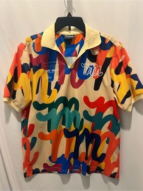 Mifland Multicolor Script-Print Polo Shirt with Cream Collar